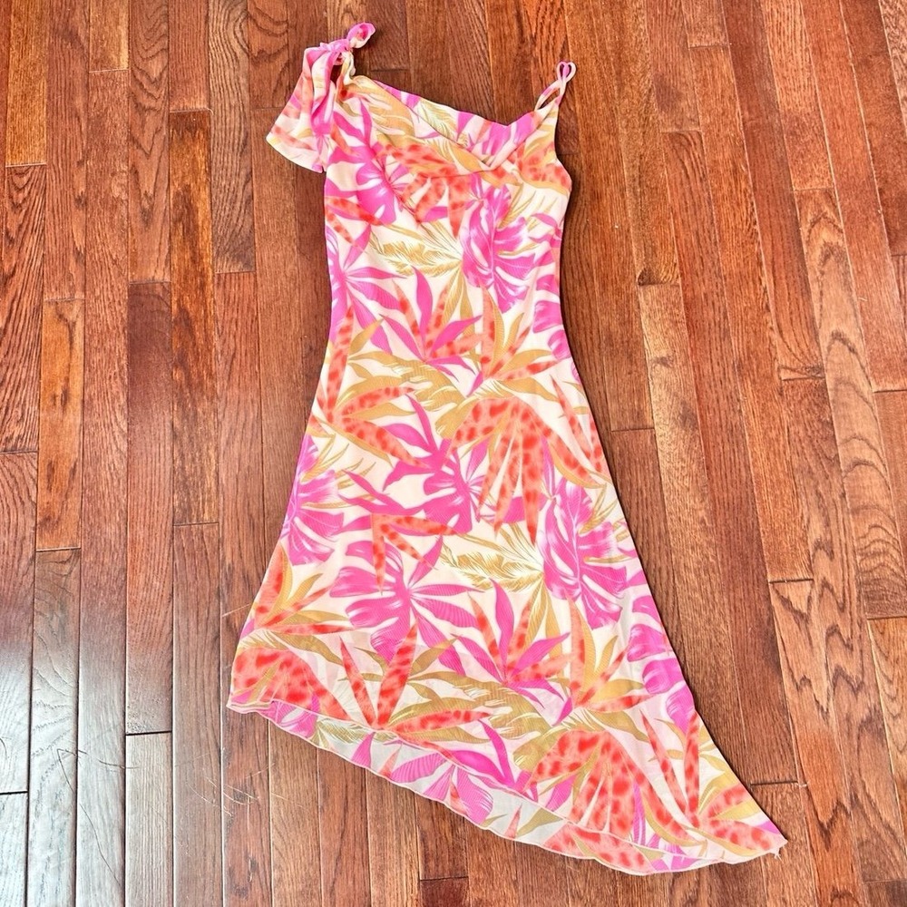 Twenty One One Shoulder Cowl Neck Tropical Floral Pattern Asymmetrical Dress
